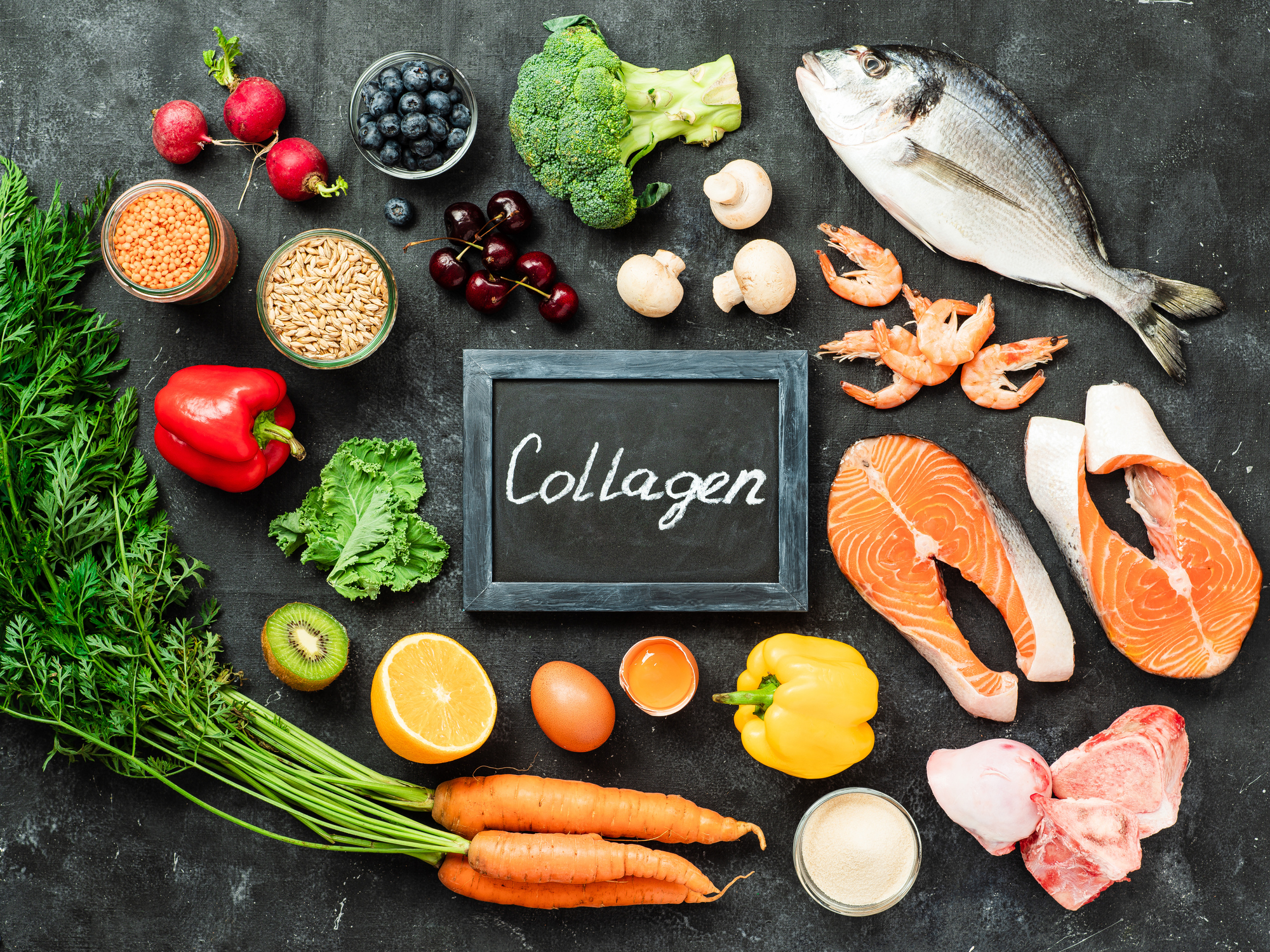 top-down view of a blackboard with the word collagen surrounded by healthy collagen-rich foods
